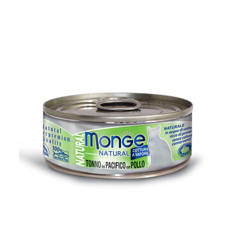 Monge kons. pašaras katėms su tuno ir vištienos gabalėliais savo sultyse 80g