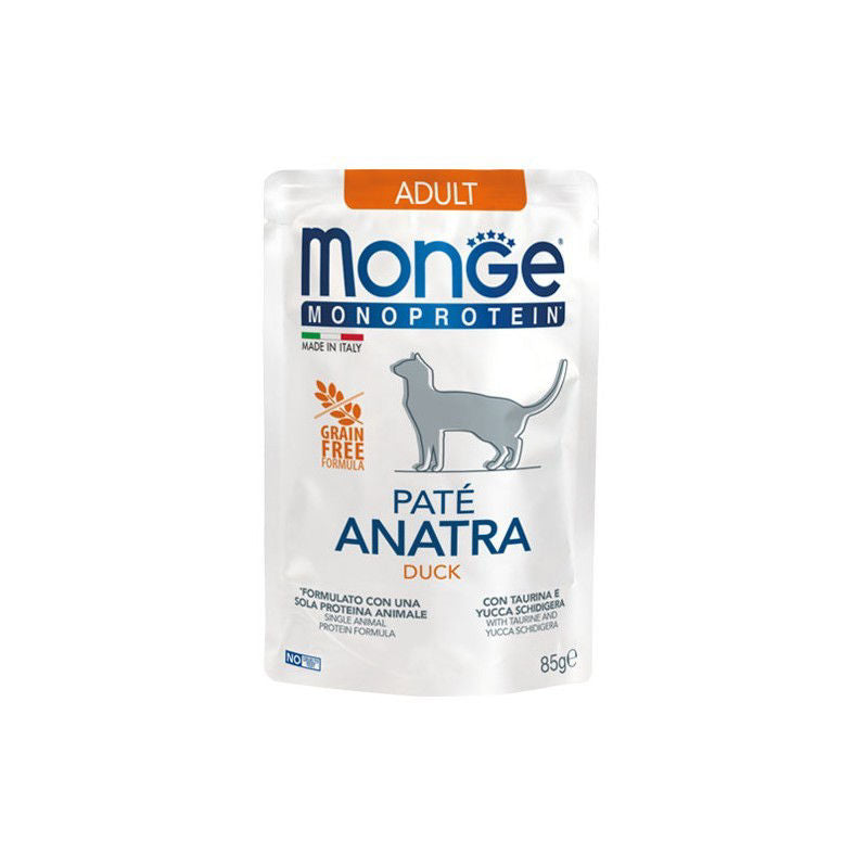 Monge Monoprotein Adult begrūdis konservuotas pašaras katėms su antiena 85g