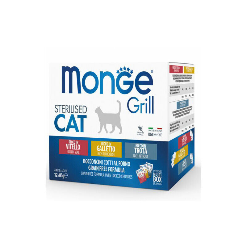 Monge Grill konservuotas pašaras sterilizuotoms katėms mix su vištiena/veršiena/upėtakiu 85g