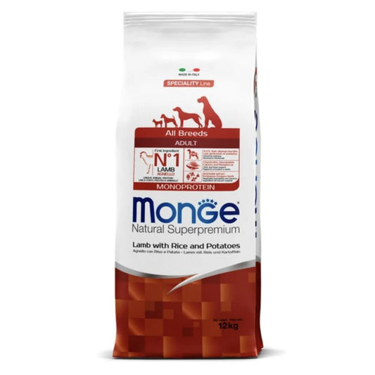 Monge adult sausas pašaras (ėriena, ryžiai, bulvės) 12kg