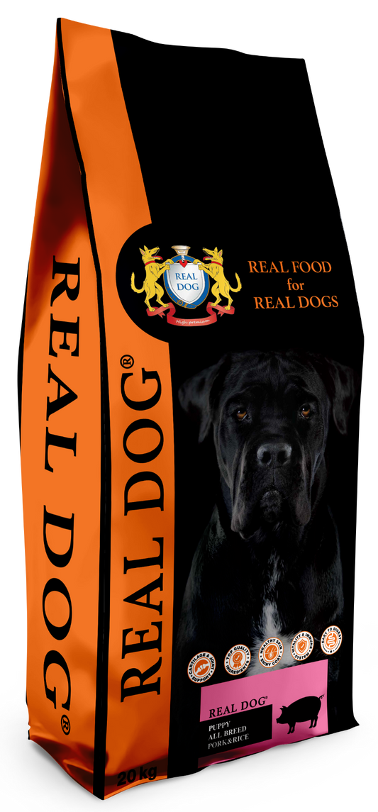 Real Dog Puppy-Junior All Breeds su kiauliena ir ryžiais 20kg