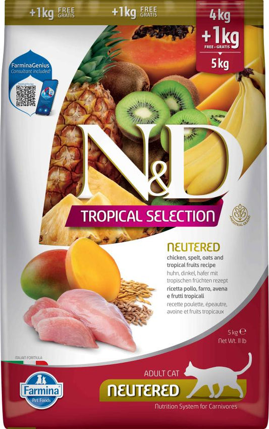 FARMINA N&D TROPICAL SELECTION - CAT Dry Chicken, Spelt, Oats NEUTERED 4+1 kg