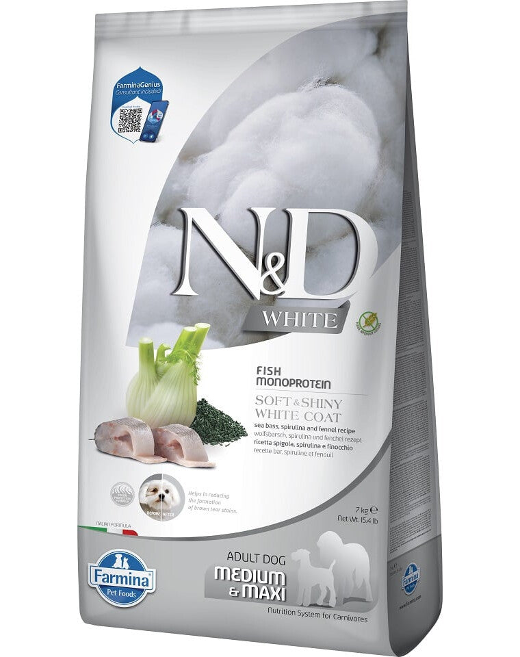 FARMINA N&D WHITE - DOG Dry Sea Bass Spirulina&Fennel ADULT MED&MAX 7 kg