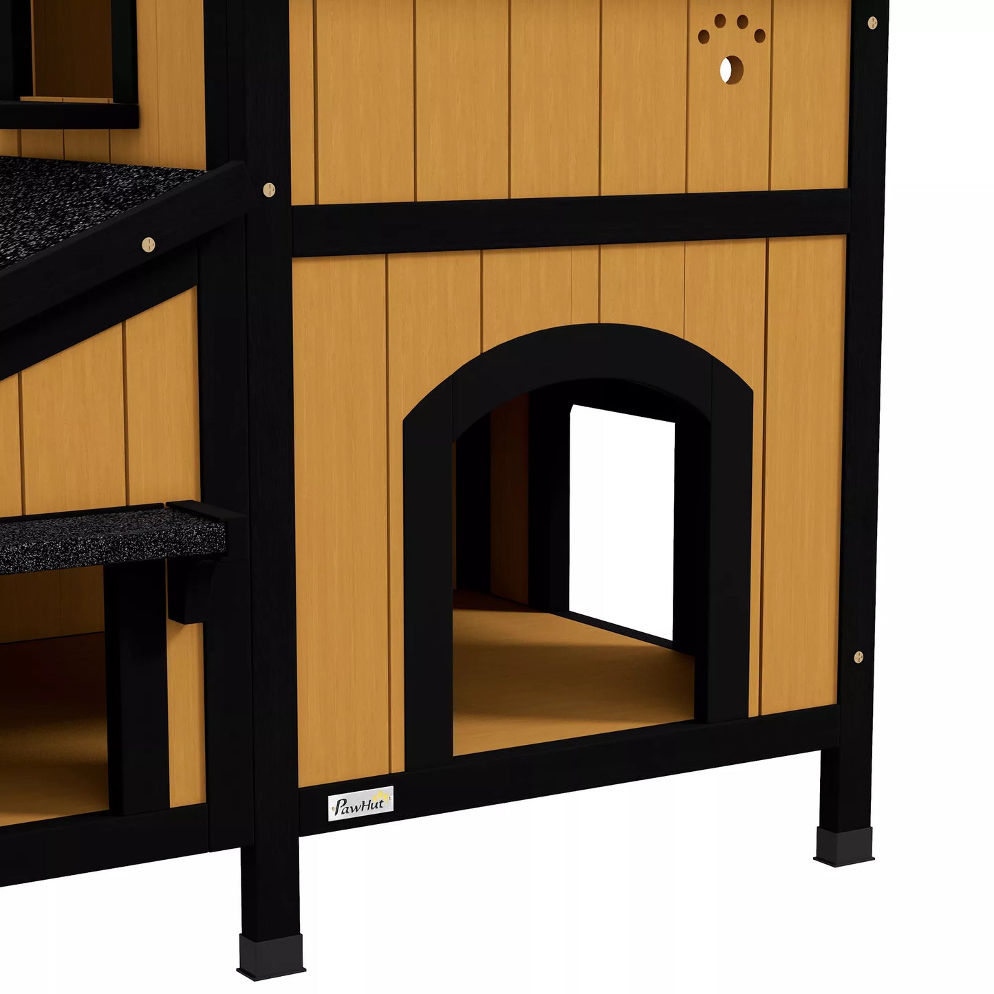 PawHut Katės namelis, katės būdelė, katės guolis, su gėlyne, 96 cm x 65 cm x 85,5 cm, geltonos + baltos + juodos spalvos