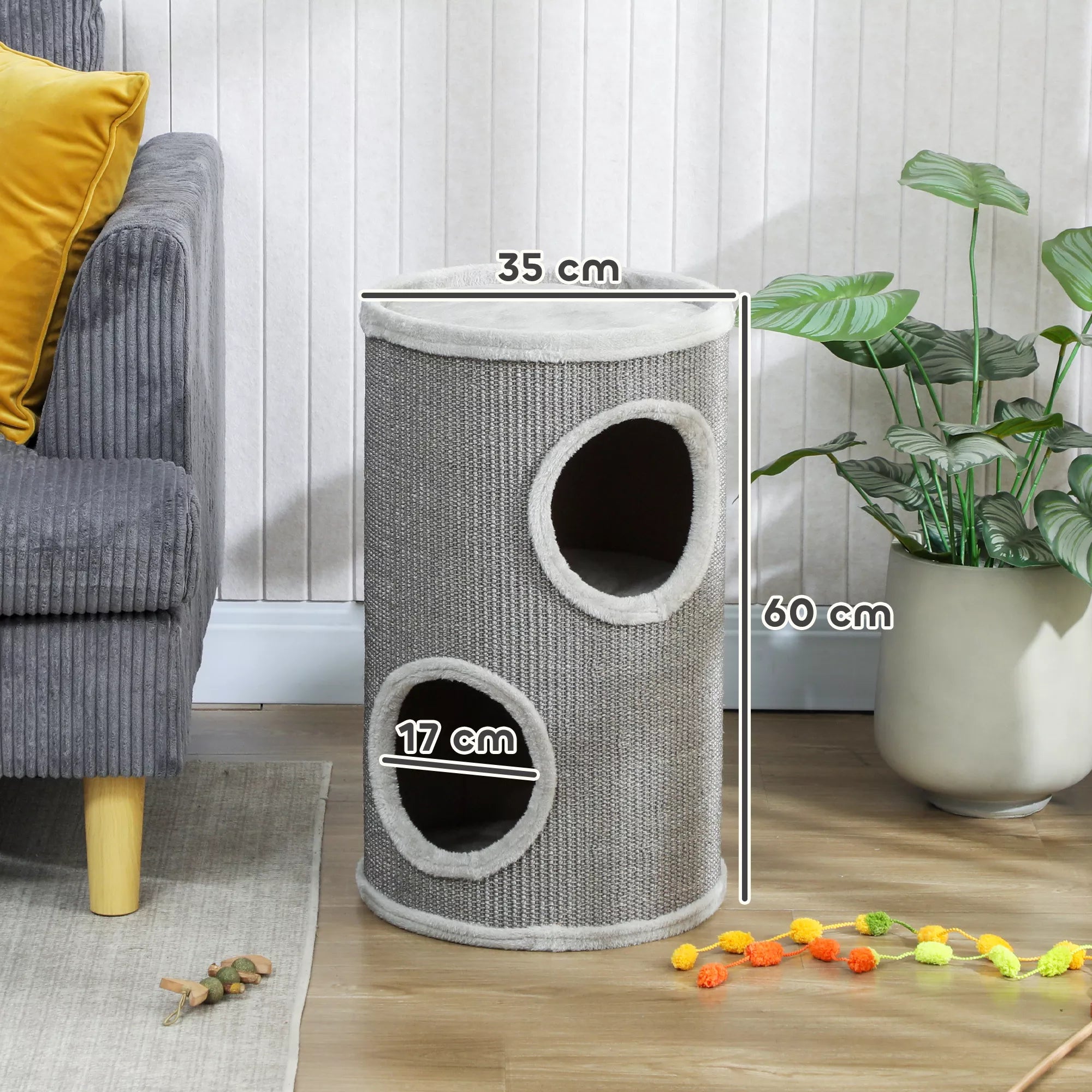 Dviaukštė draskyklė, 60 cm aukščio bokštas su 2 angomis ir pliušiniu kraštu, sizalis ir pliušas, 60x35x35 cm, šviesiai pilka