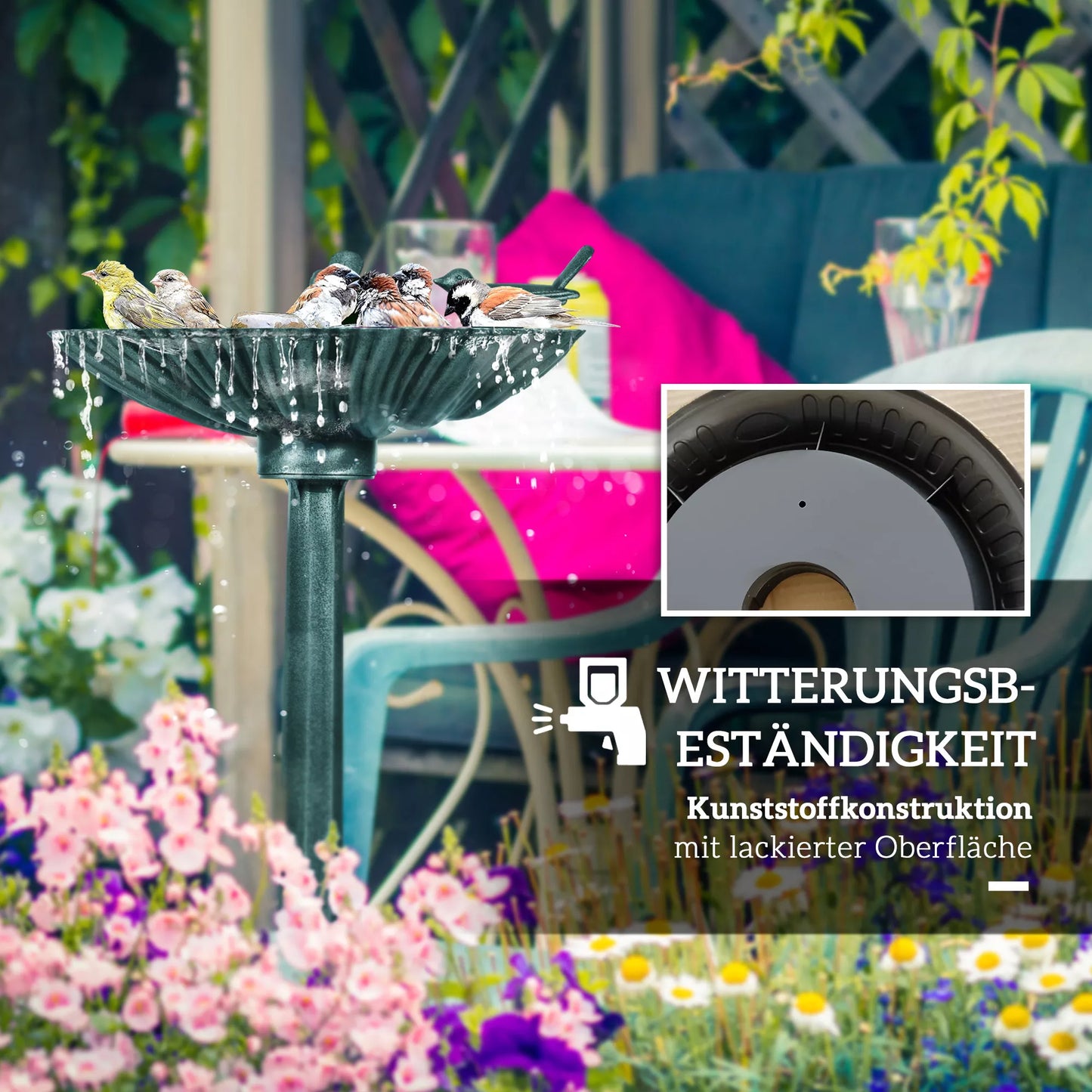 Paukščių girdykla, paukščių vonia su statulėlėmis, 2 baseinai, plastikas, senovinis stilius, 49,5L x 38B x 81H cm, tamsiai žalia