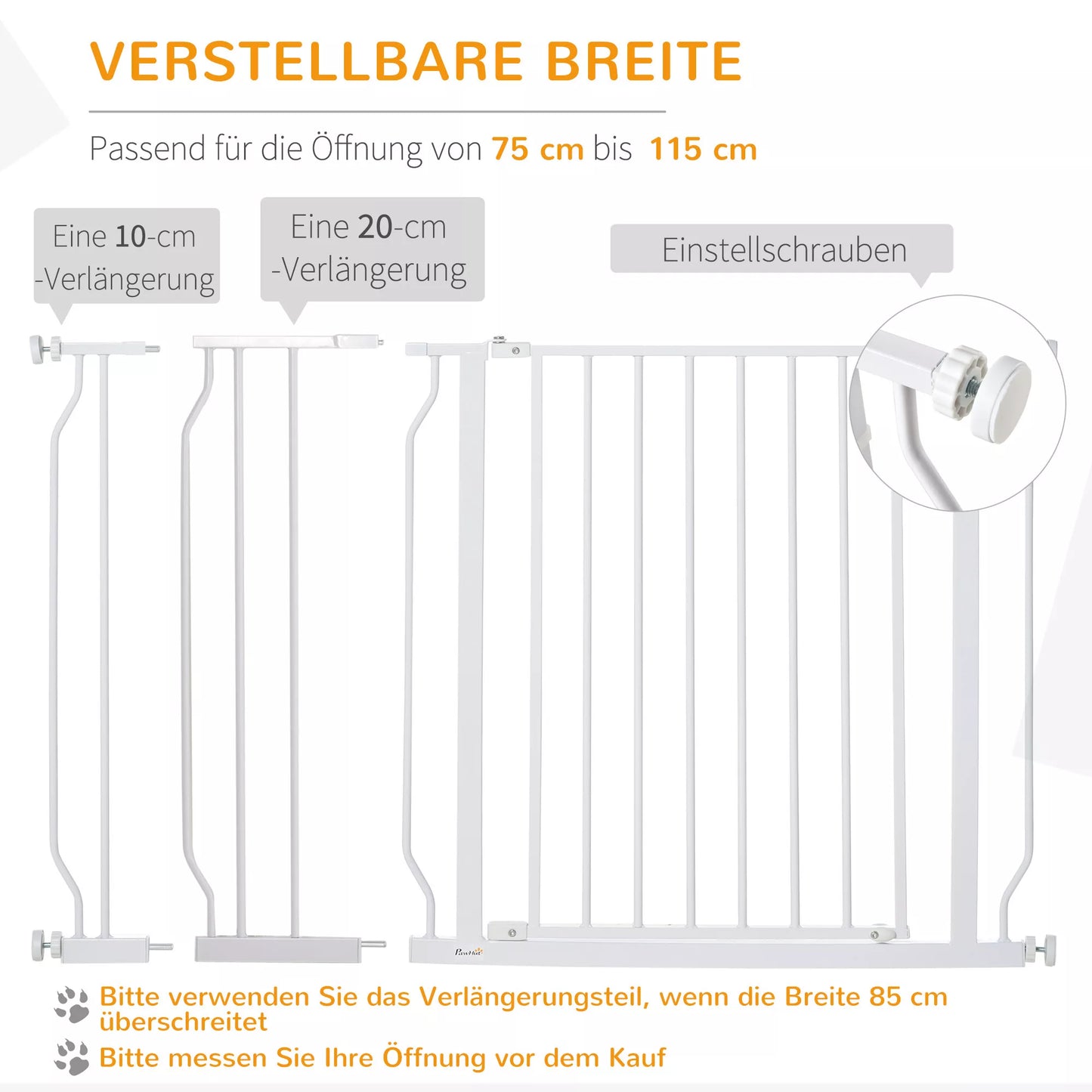 Suņu žogs, piestiprināms ar skavām, regulējams garums, tērauds/ABS, 75–115 x 76 cm, balts