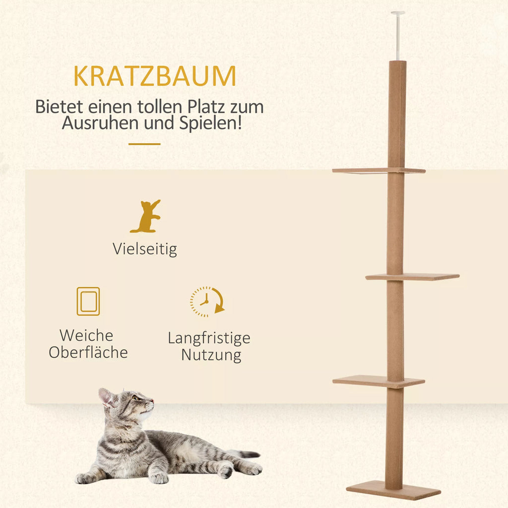 Lubinis kačių draskymo medis, 228-260 cm, aukščio reguliuojamas kačių laipynės medis su 3 lygiais, kačių draskyklė, žaidimų medis nuo grindų iki lubų, šviesiai rudas