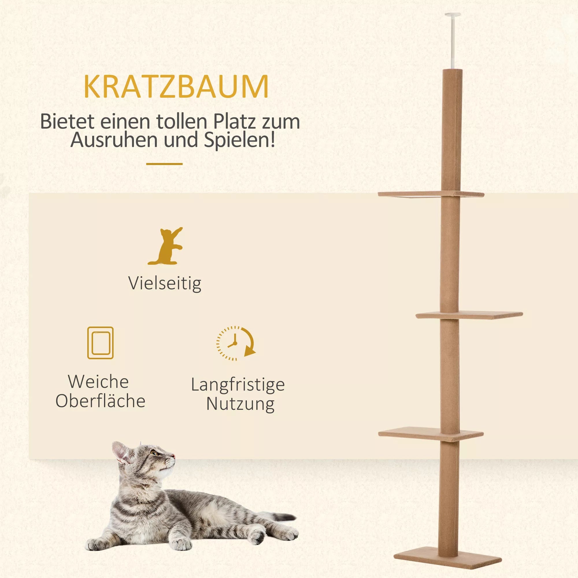 Griestu kaķu skrāpēšanas stabs, 228–260 cm, augstumā regulējams kaķu kāpšanas koks ar 3 līmeņiem, kaķu skrāpēšanas stabs, rotaļu koks no grīdas līdz griestiem, gaiši brūns