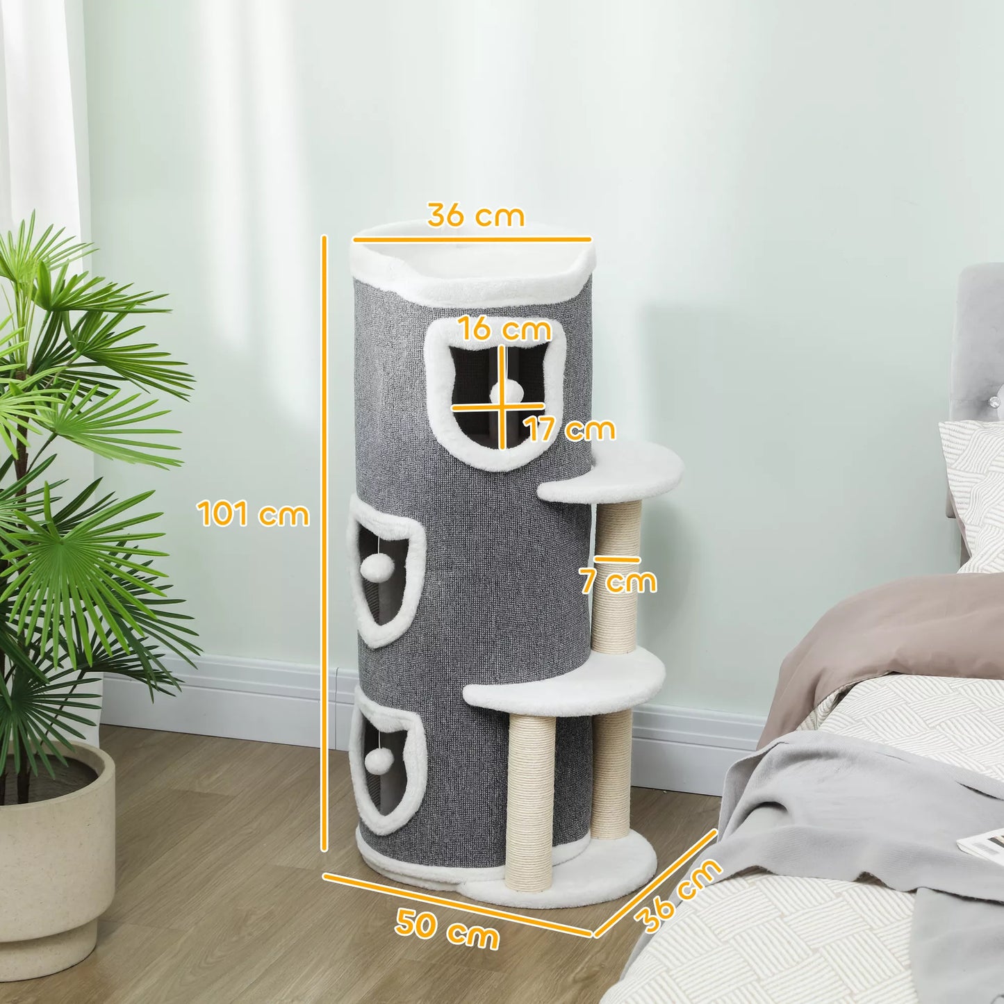 101 cm kaķu tornis, 3 līmeņi, 3 guļamvietas, rotaļu bumbiņas, skrāpējamais stabs, sizala materiāls, skaidu plāksne, pelēks