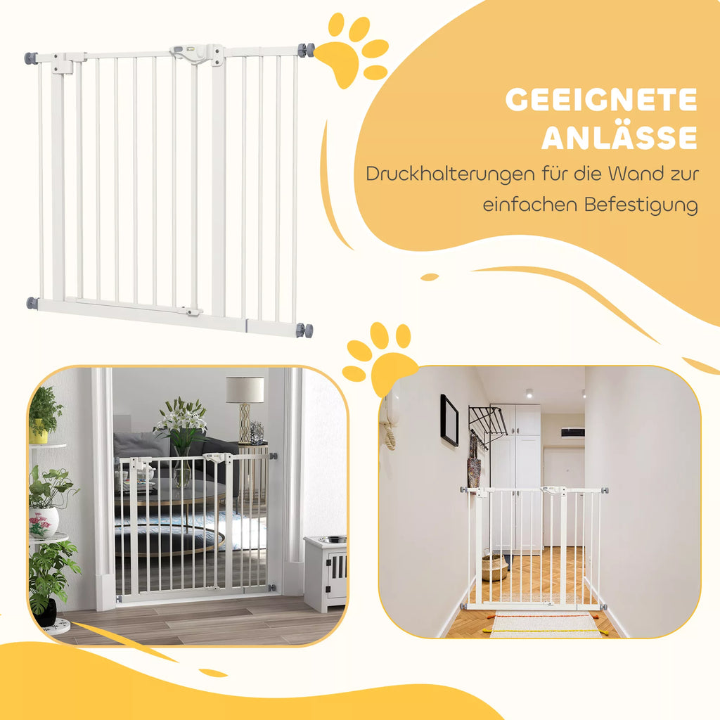 Suņu drošības vārtiņi, mājdzīvnieku žogs, metāla, plastmasas, 74-80/87-94 cm, balti