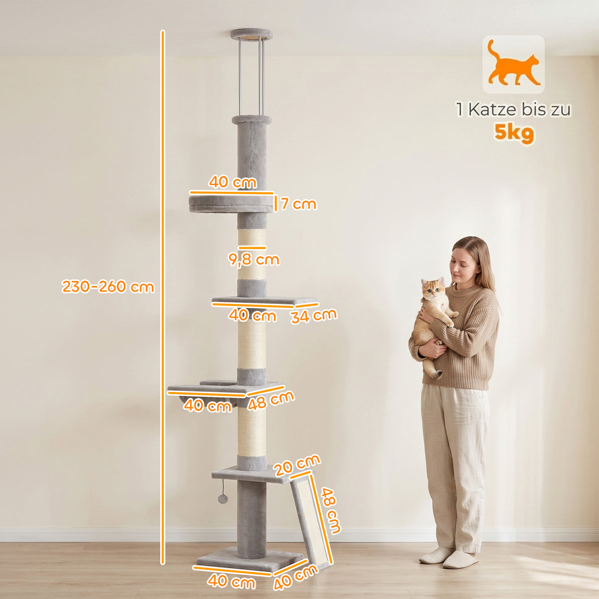 Draskyklė iki lubų 230–260 cm, 5 lygių, su 3 storais sizalio stulpais ir hamaku, katei iki 5 kg, šviesiai pilka