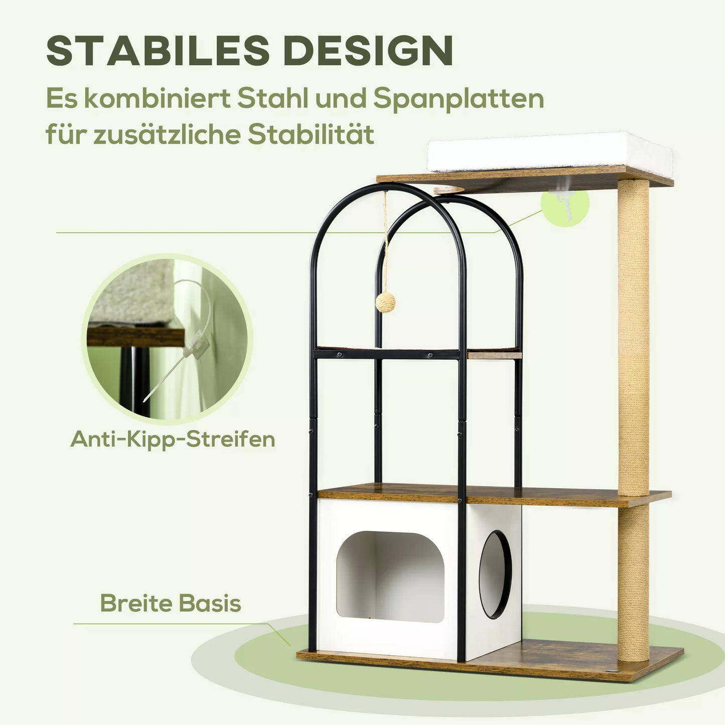 Kaķu māja, 4 stāvu, kaķu mājiņa, rotaļu bumba, pret apgāšanos, 80x40x118,5 cm, brūna/balta