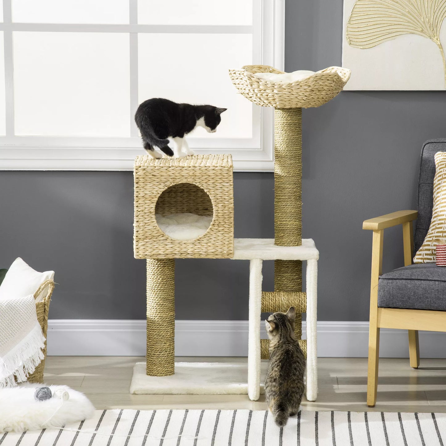Cat scratching post with house, sisal scratching posts, washable cushions, 100.5 H x 57 W x 37 D cm, White/Natural