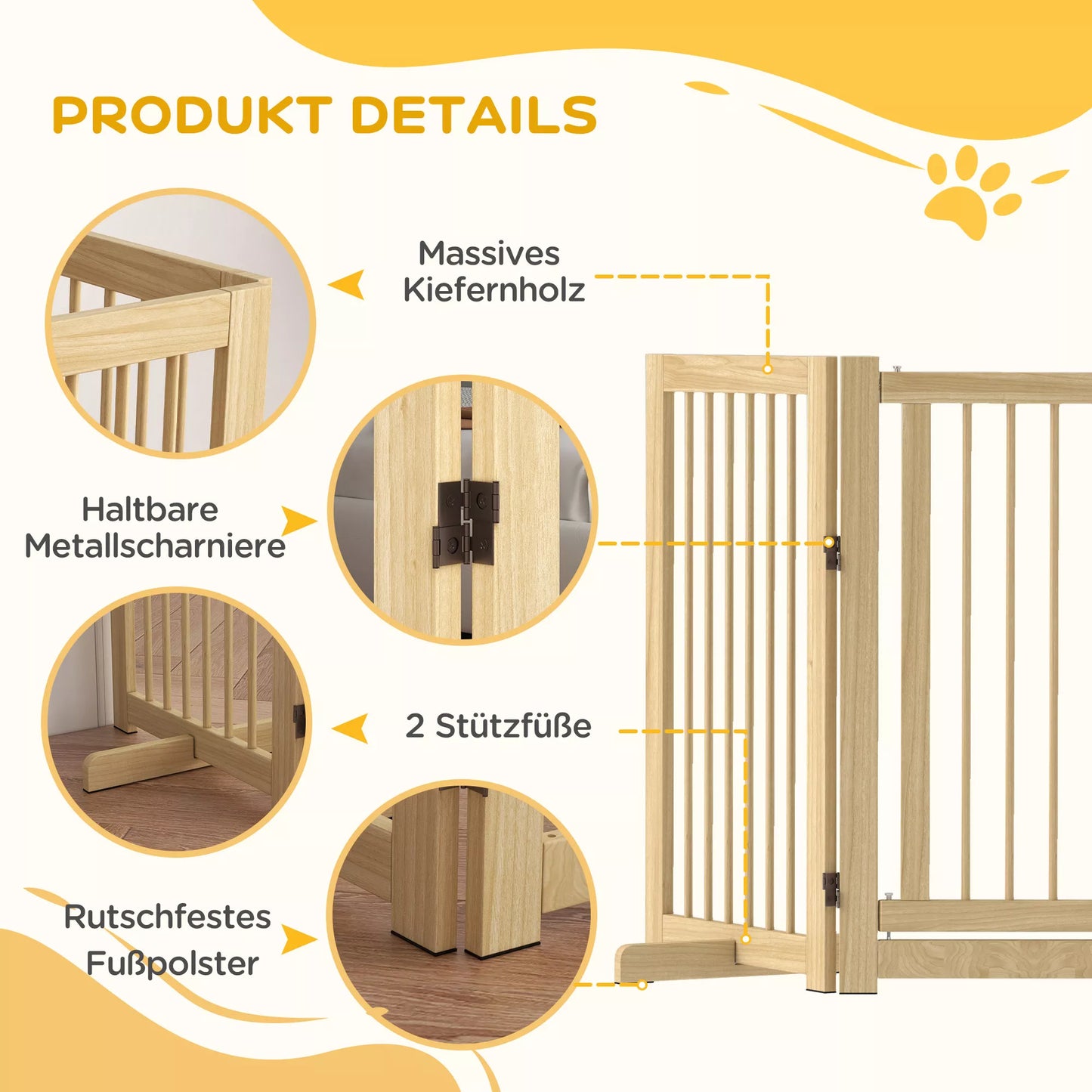 Freestanding folding dog fence with door and supports, wooden frame, 220x36x91cm