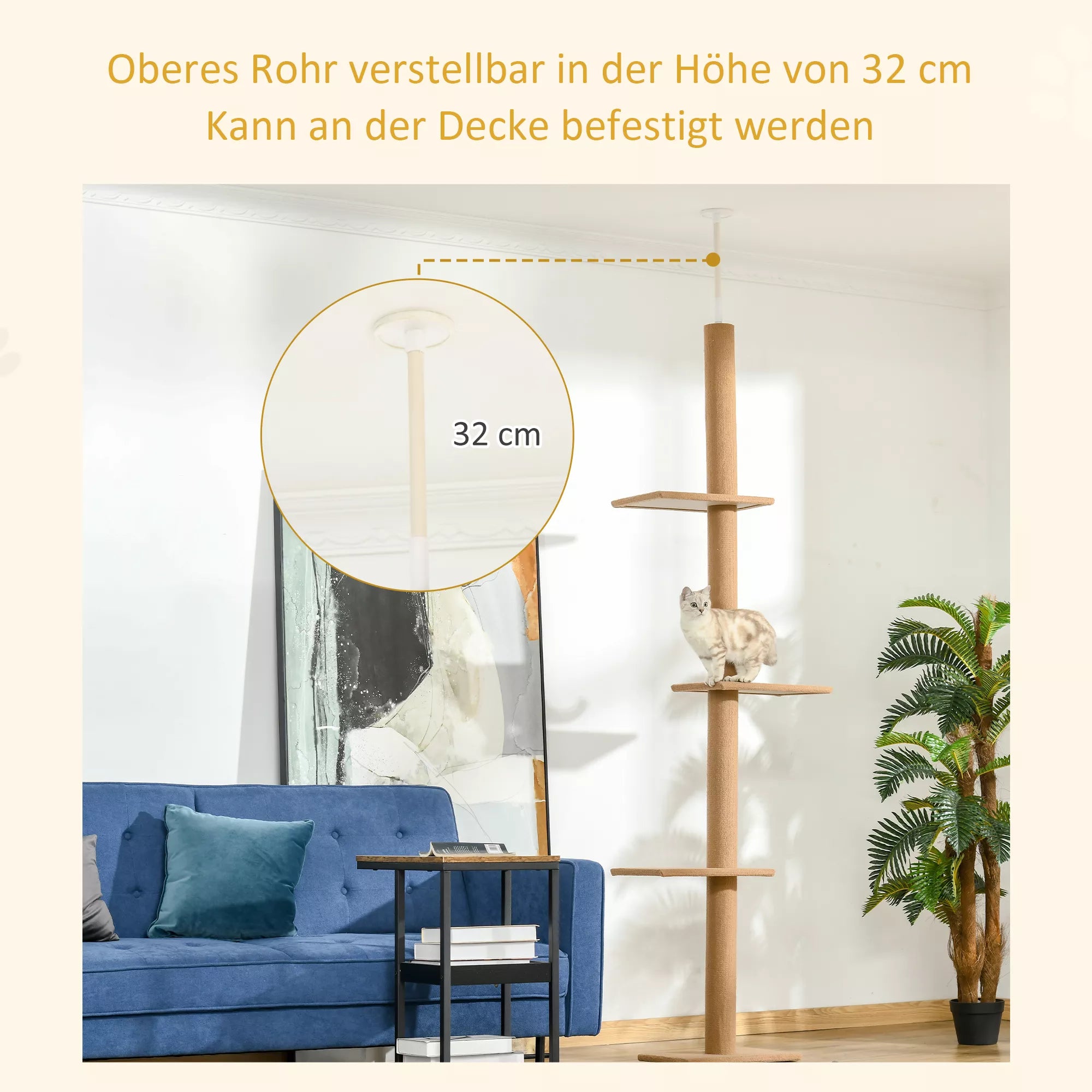 Griestu kaķu skrāpēšanas stabs, 228–260 cm, augstumā regulējams kaķu kāpšanas koks ar 3 līmeņiem, kaķu skrāpēšanas stabs, rotaļu koks no grīdas līdz griestiem, gaiši brūns
