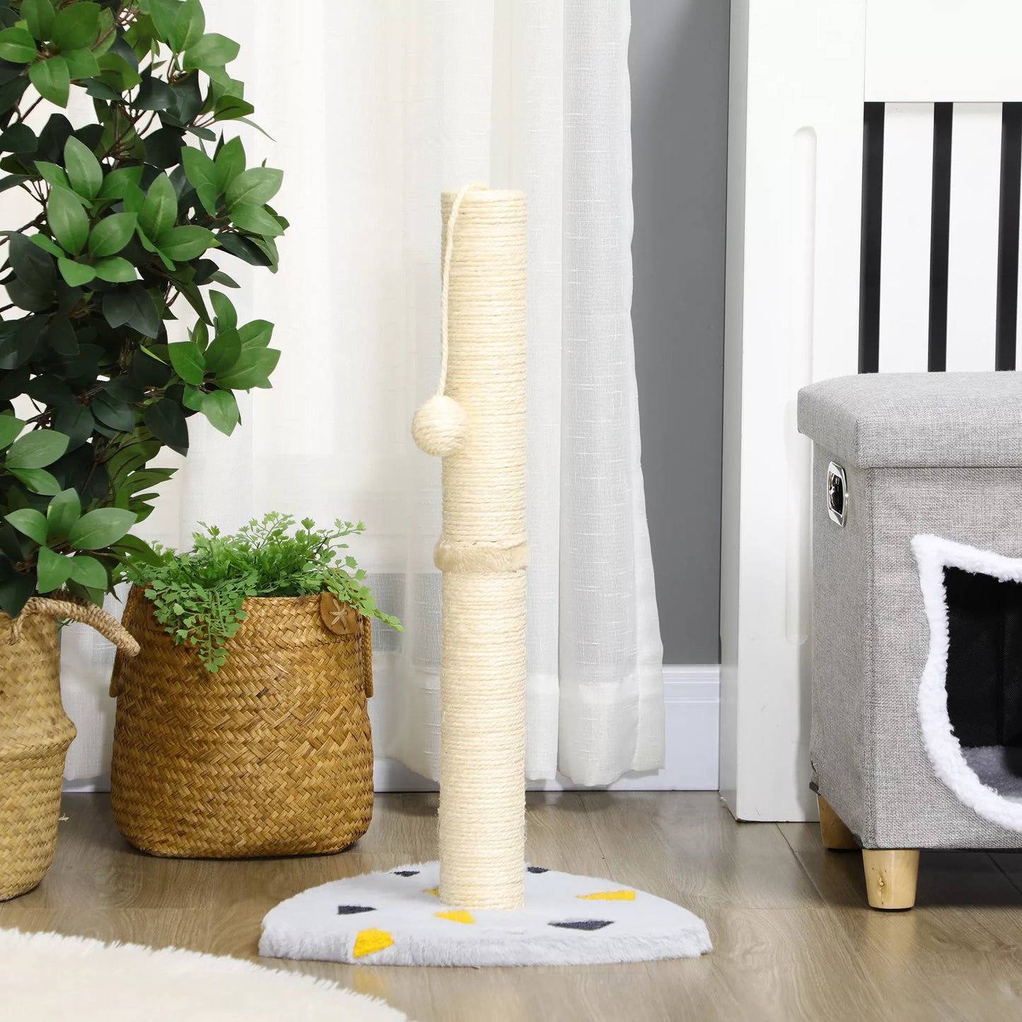 Cat scratching post with play ball, compact size, sturdy jute rope, light gray+beige, 35 x 35 x 62 cm