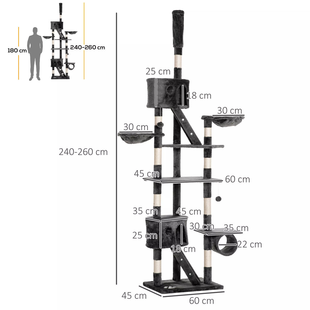 Kačių medis iki lubų aukščio 240-260 cm Katės medis su pliušiniais kamuoliais, katės urvu, hamaku, sizalio kamienais, platformomis Daugiaaukštis katės medis Laipiojimo medis didelėms katėms, tamsiai pilkos spalvos