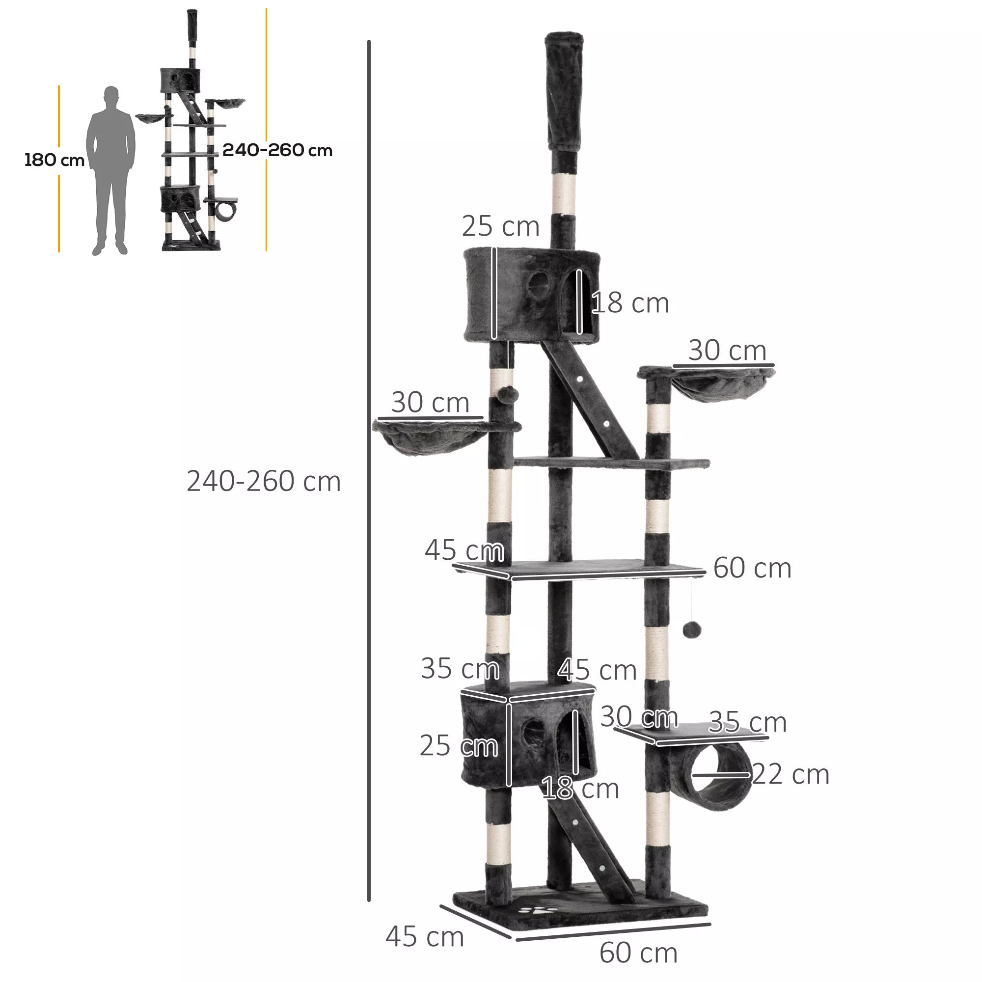Kačių medis iki lubų aukščio 240-260 cm Katės medis su pliušiniais kamuoliais, katės urvu, hamaku, sizalio kamienais, platformomis Daugiaaukštis katės medis Laipiojimo medis didelėms katėms, tamsiai pilkos spalvos