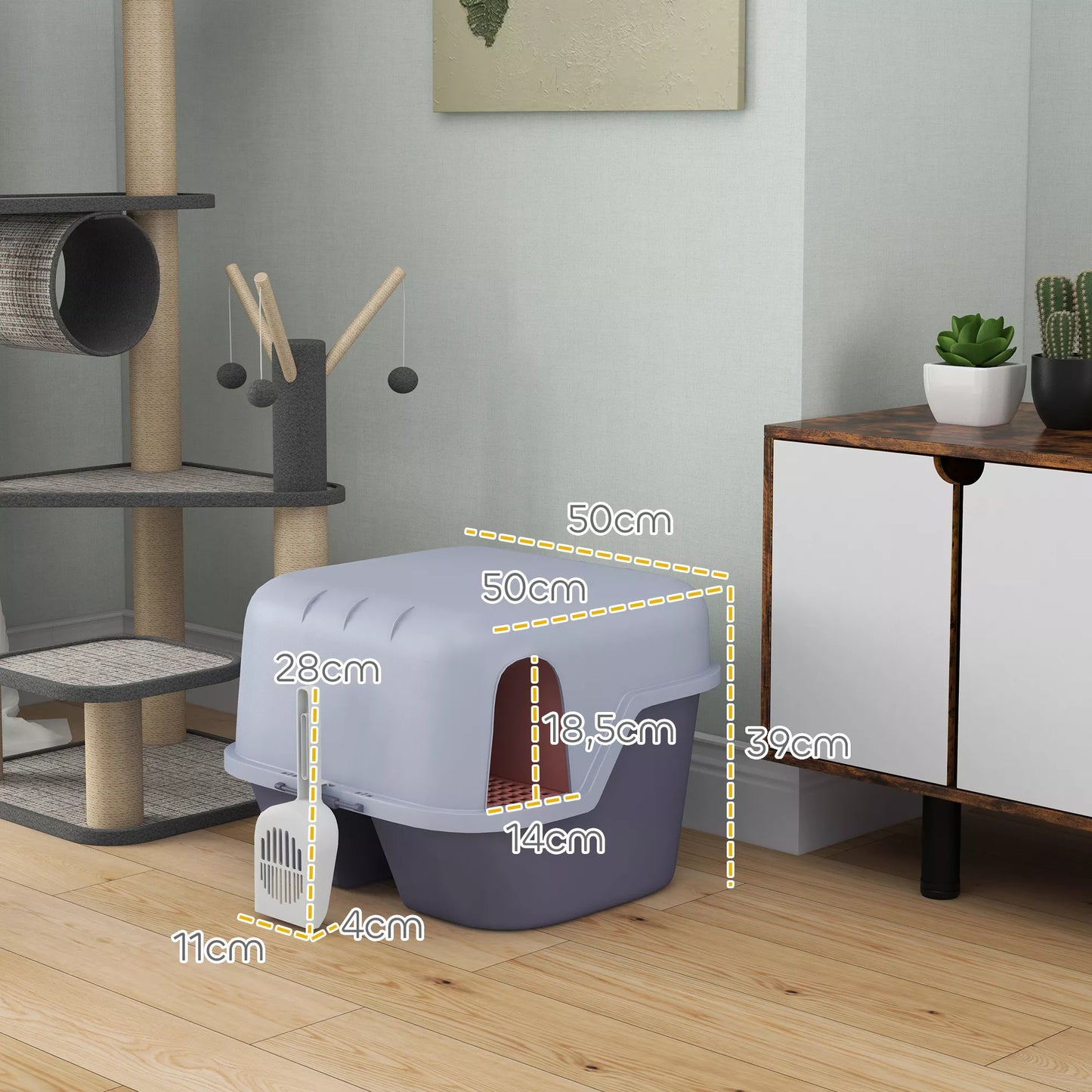 Katės tualetas su dangčiu ir kastuvėliu, lengva valyti, uždaromas, violetinės spalvos