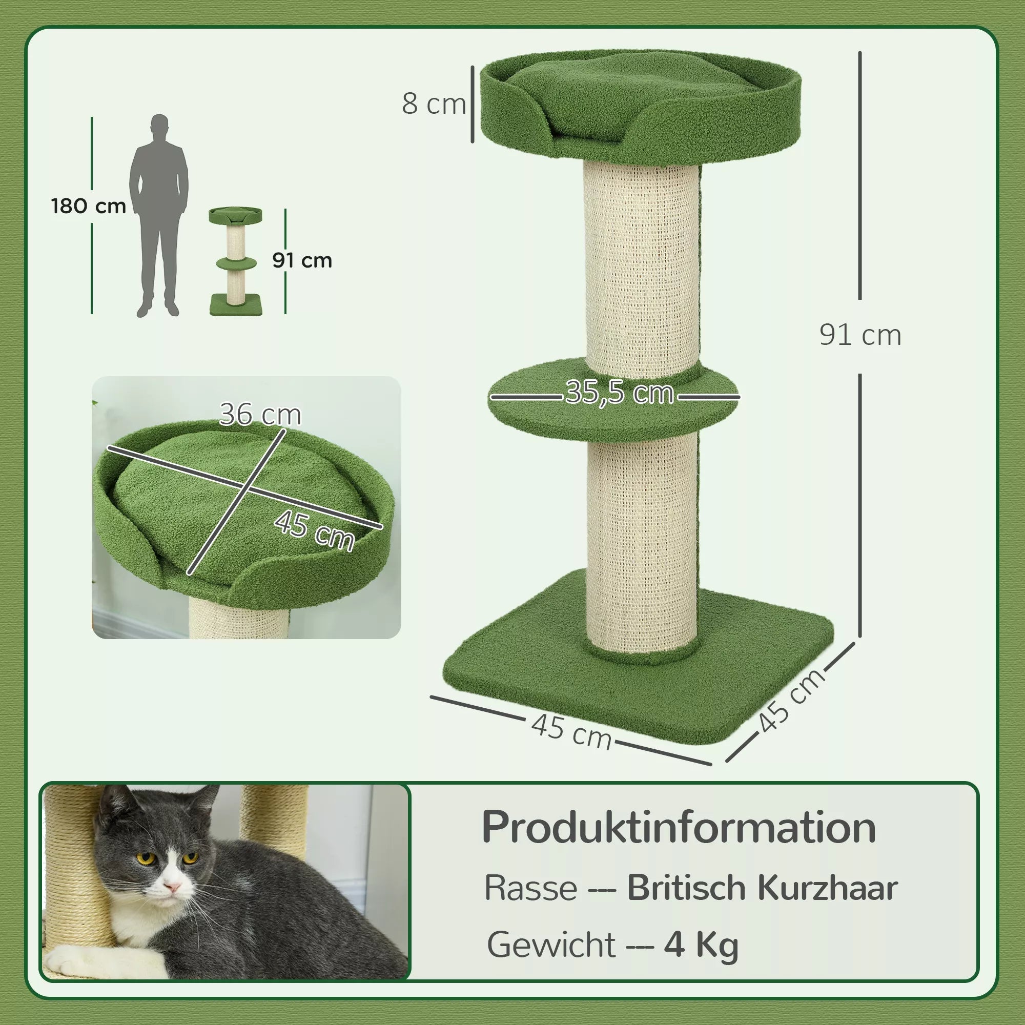 Kačių medis 91cm, žaidimų medis su kačių lova, platforma iš avies vilnos, žalias