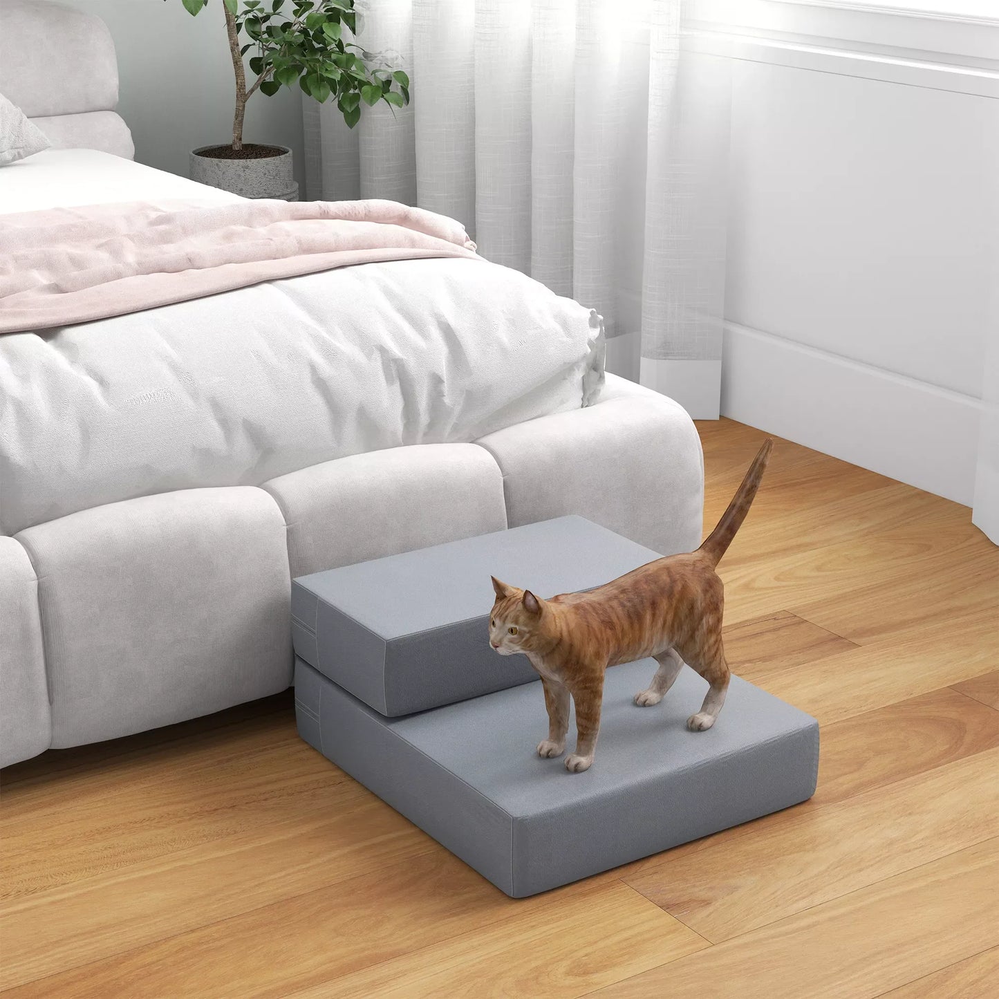 Mājdzīvnieku pakāpieni 2 pakāpieni, salokāmi, līdz 7 kg. Paklājs/pamatne kaķiem un suņiem, pelēks, G45 x P39 x A20 cm