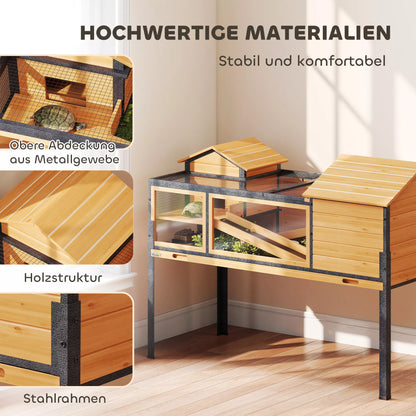 Vėžlio namelis, mažų gyvūnėlių aptvaras, 2 kambariai, 2 aukštai, langai, rampos, priedai, mediena, plienas, geltona