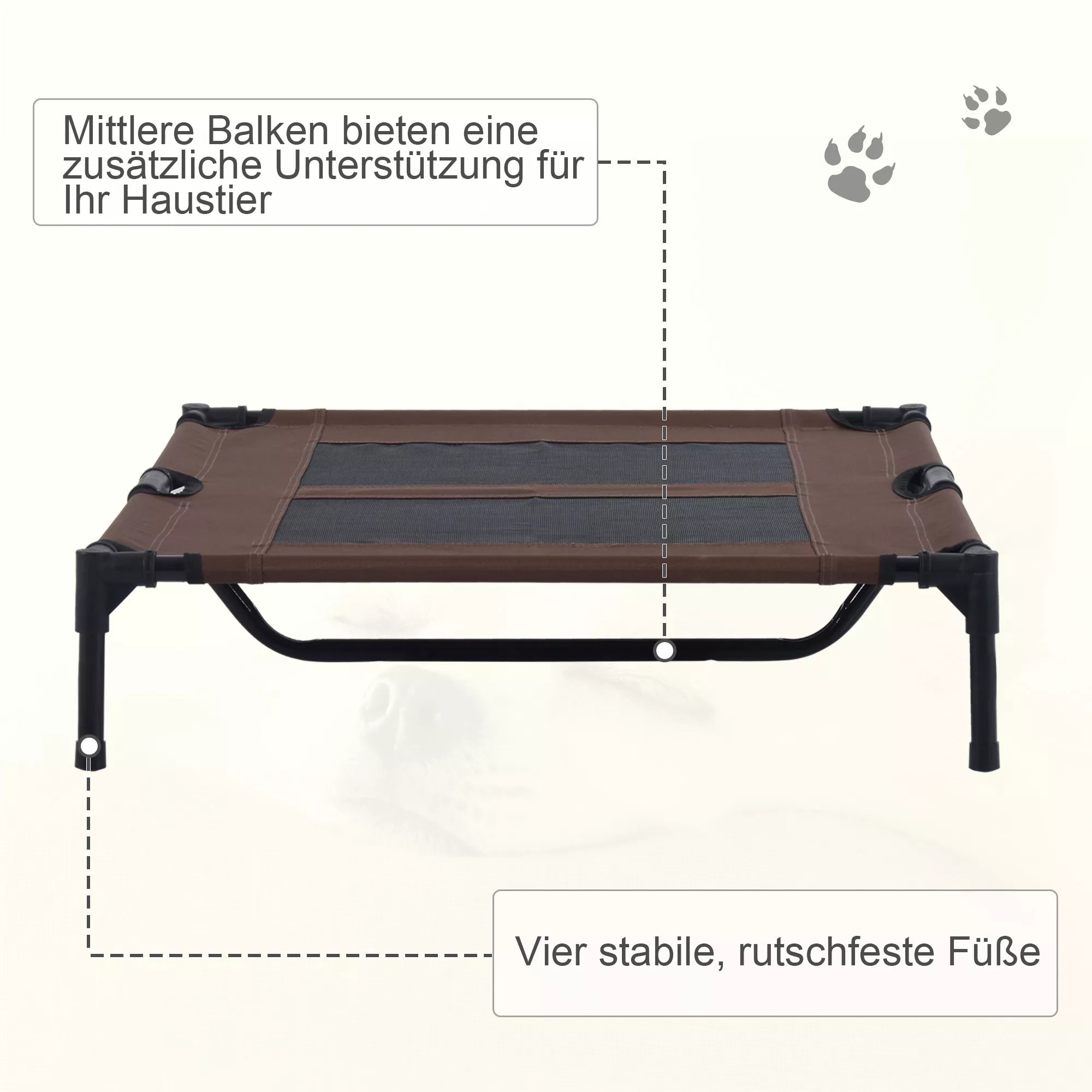 Lauko šunų gultas, Vėsinanti augintinio gulimoji vieta dideliems šunims, Paaukštinta šunų lova poilsiui su tvirtu metaliniu rėmu, Atsparus kvėpuojantis tinklelis sodui lauke, 92 x 76 x 18 cm, Kavos rudumo