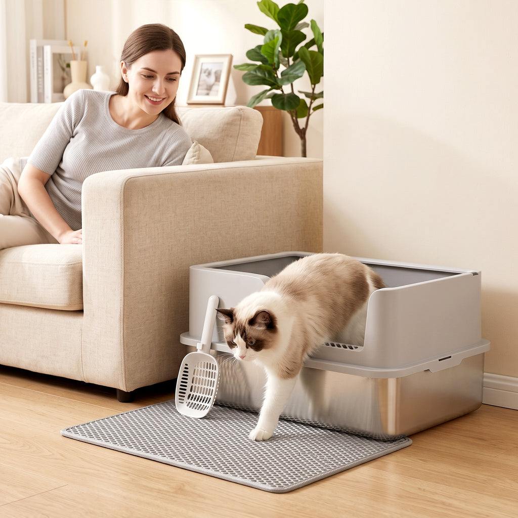 Pusiau uždaras kačių tualetas XL iš nerūdijančio plieno, 30 l, su kilimėliu ir semtuvėliu, iki 8 kg, šviesiai pilkas