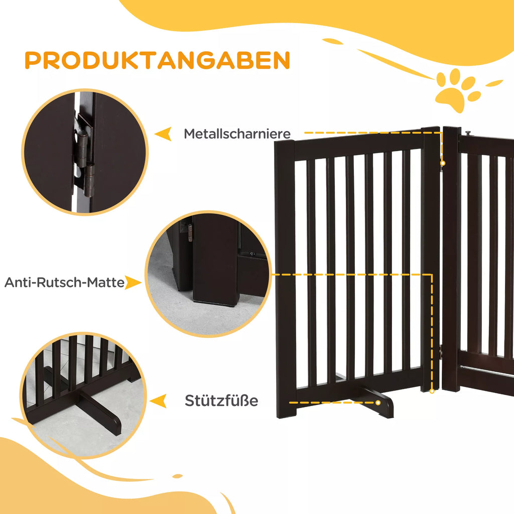 Suņu drošības žogs, brīvi stāvošs, regulējams, ar balstiem, 155 x 76 cm, koka, salokāms, kāpnēm, durvīm, virtuvei, gaitenim, 3 paneļi, tumši brūns