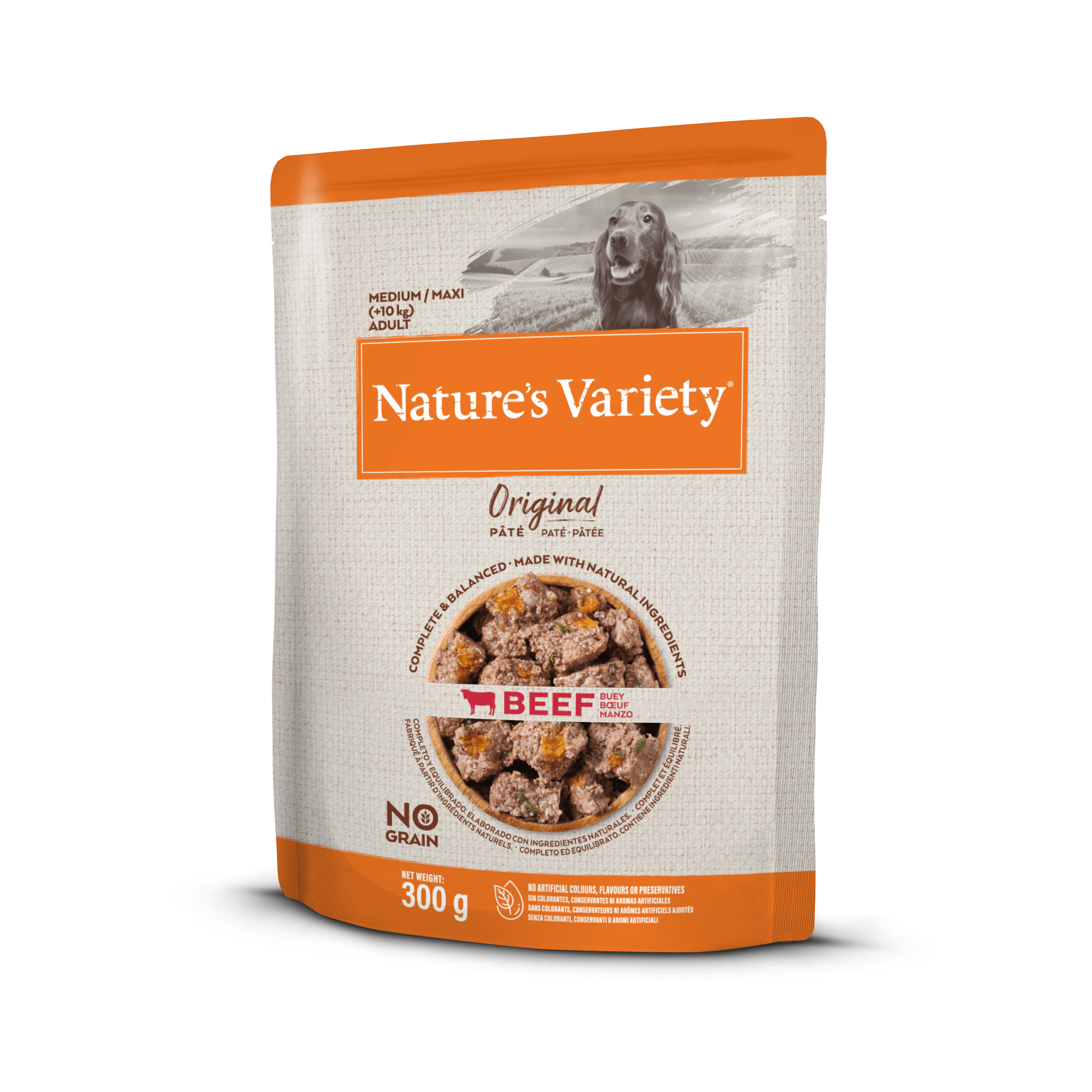 Nature's Variety Wet Original Med Dog — konservi vidējo un lielo šķirņu suņiem ar liellopa gaļu, 300 g