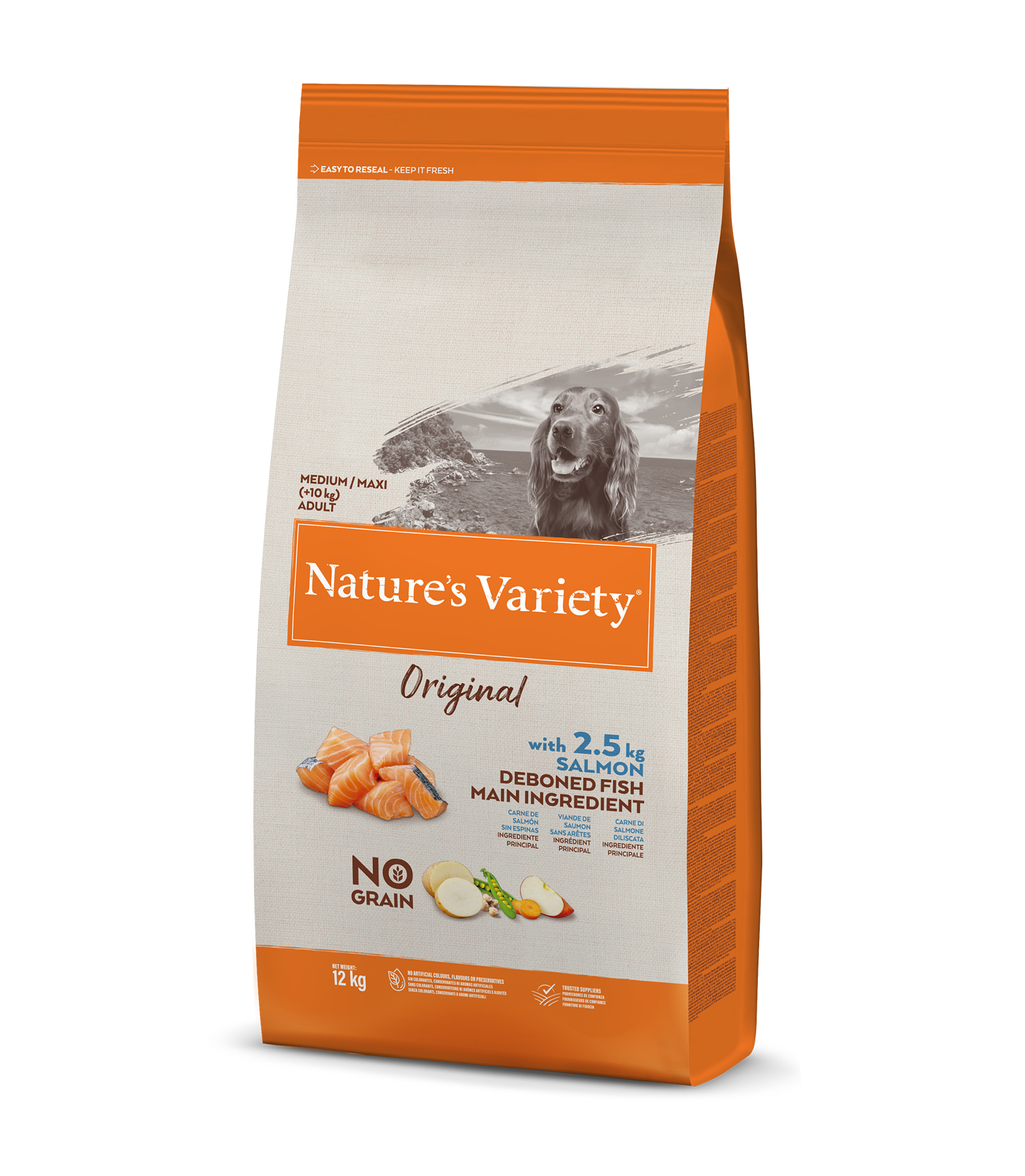 Nature's Variety Original Med/Max Adult Sausas pašaras vidutinių ir didžiųjų veislių suaugusiems šunims su lašiša