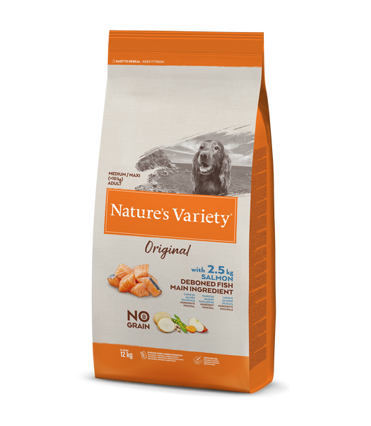 Nature's Variety Original Med/Max Adult Sausas pašaras vidutinių ir didžiųjų veislių suaugusiems šunims su lašiša