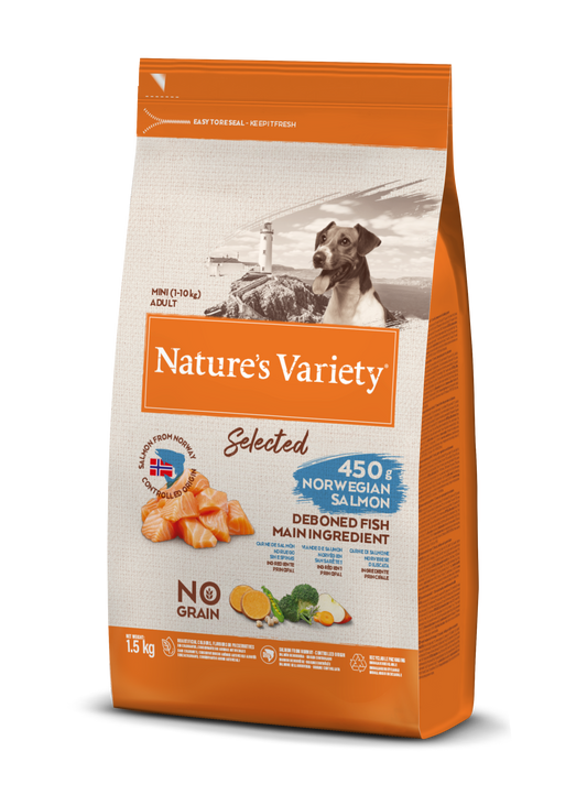 Nature's Variety Selected Mini Adult Sausas pašaras mažųjų veislių suaugusiems šunims su lašiša1,5kg