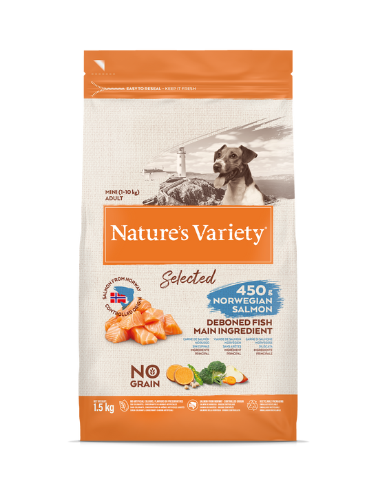 Nature's Variety Selected Mini Adult sausā barība mazo šķirņu pieaugušiem suņiem ar lasi 1,5 kg
