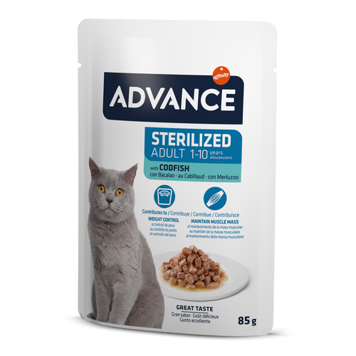 Advance Wet Sterilized Codfish Šlapias maistas sterilizuotoms katėms su menke 85G*12vnt