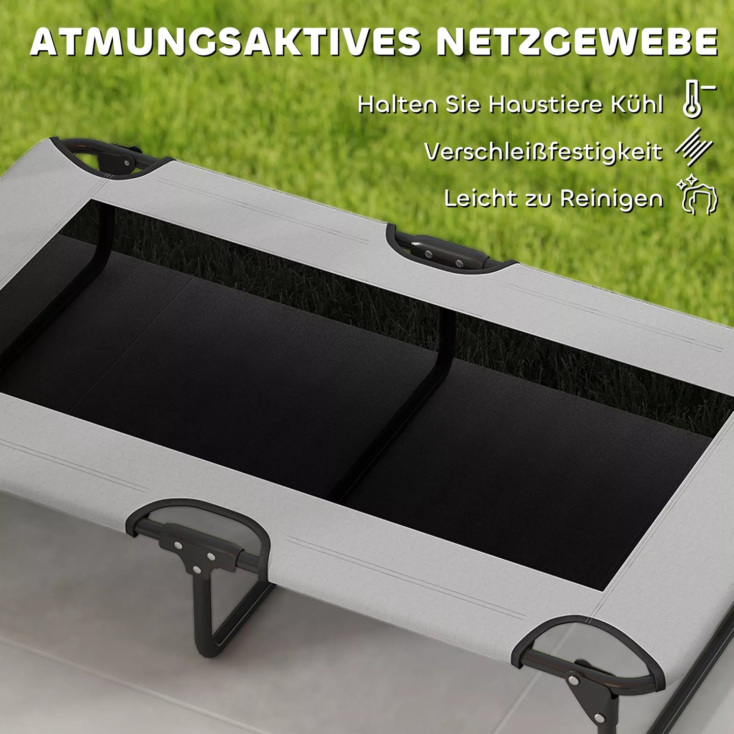 Pārnēsājama paaugstināta suņu gulta, paaugstināta mājdzīvnieku gulta ar elpojošu sietu, lieliem suņiem, gaiši pelēka