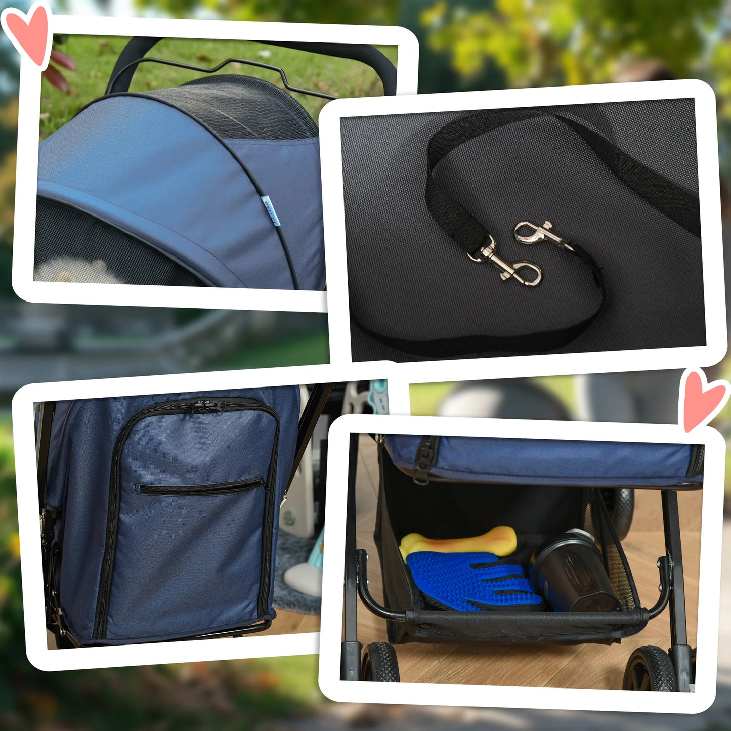 PawHut šunų vežimėlis iki 10 kg, reguliuojamas stogelis, sulankstomas, krepšys daiktams, 2 stabdžiai, saugos pavadėlis, Mėlynas