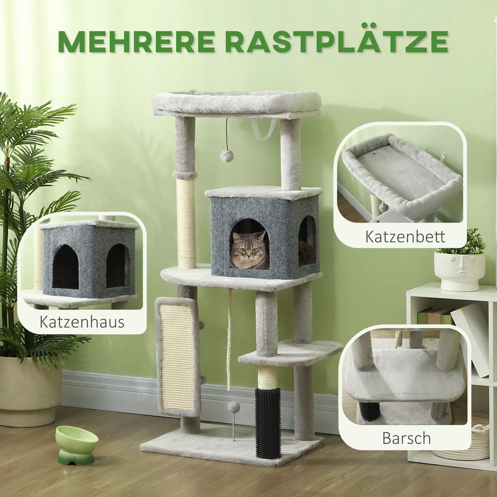 132 cm kaķu māja ar skrāpējamo stabu, gultu, mājiņu, lēkšanas platformām, kopšanas birsti, gaiši pelēka