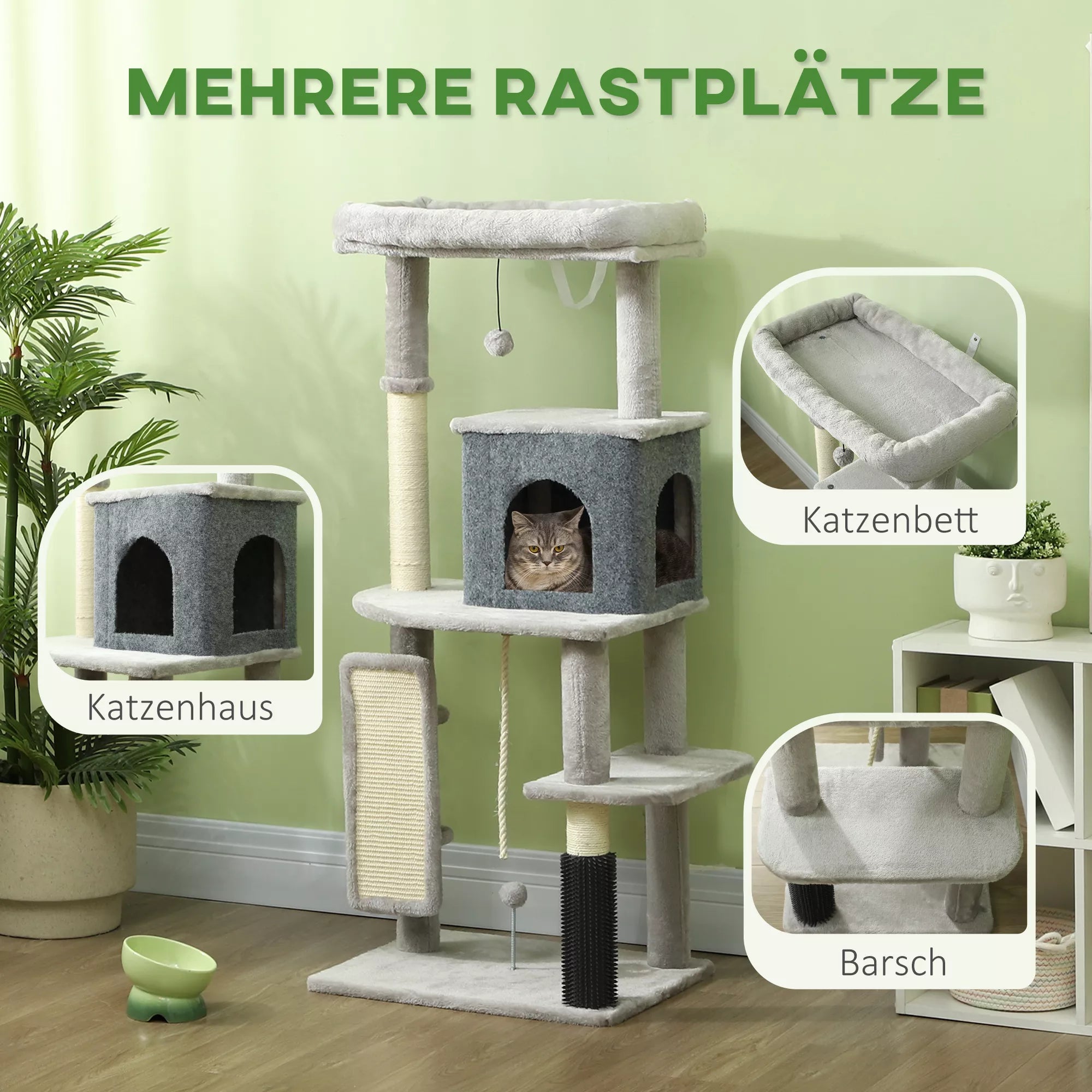 132 cm kaķu māja ar skrāpējamo stabu, gultu, mājiņu, lēkšanas platformām, kopšanas birsti, gaiši pelēka