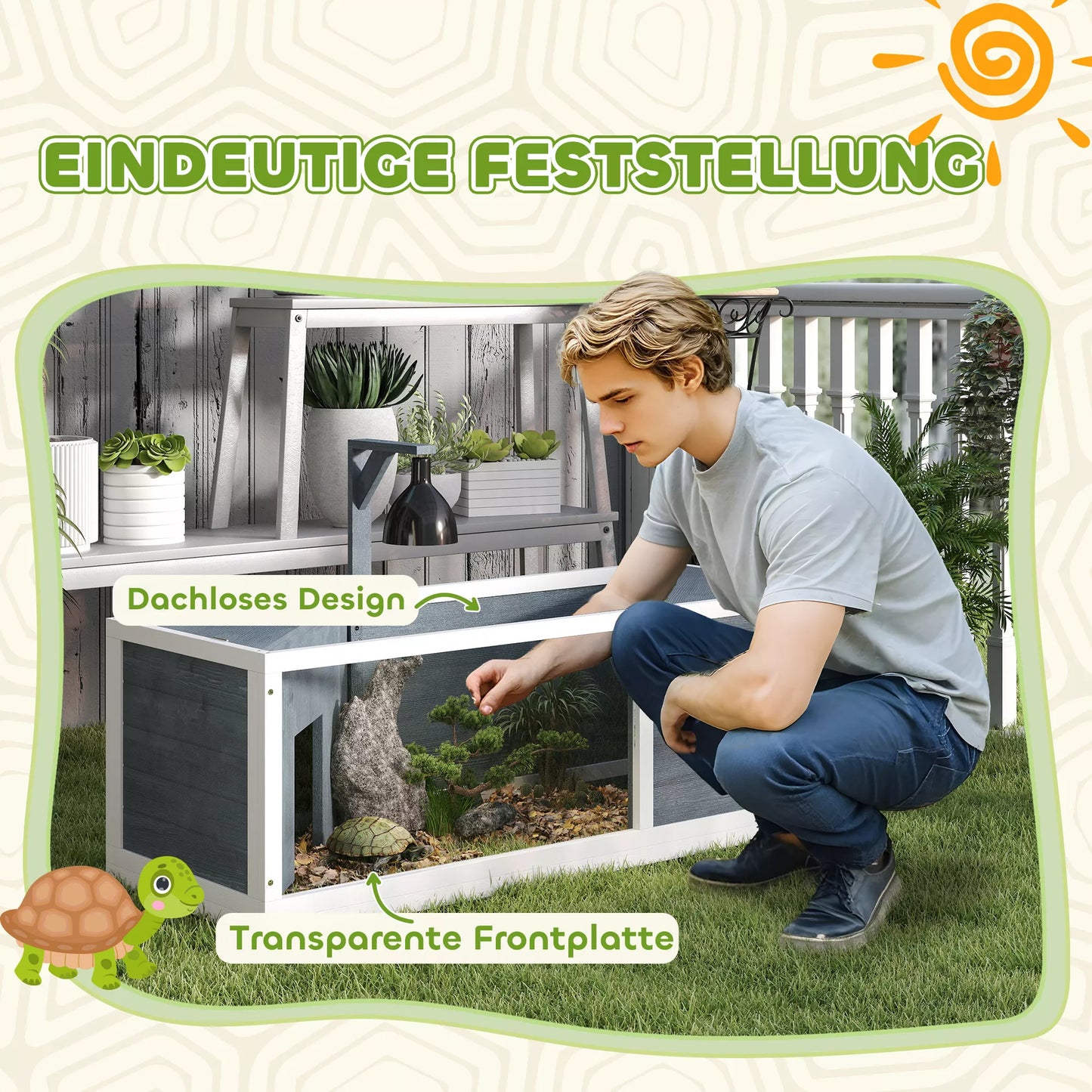 PawHut Bruņurupuču Māja ar Viegli Atveramu Augšu, Lampas Turētāju, Caurspīdīgu Priekšpusi, 120 x 50 x 40 cm, Pelēka