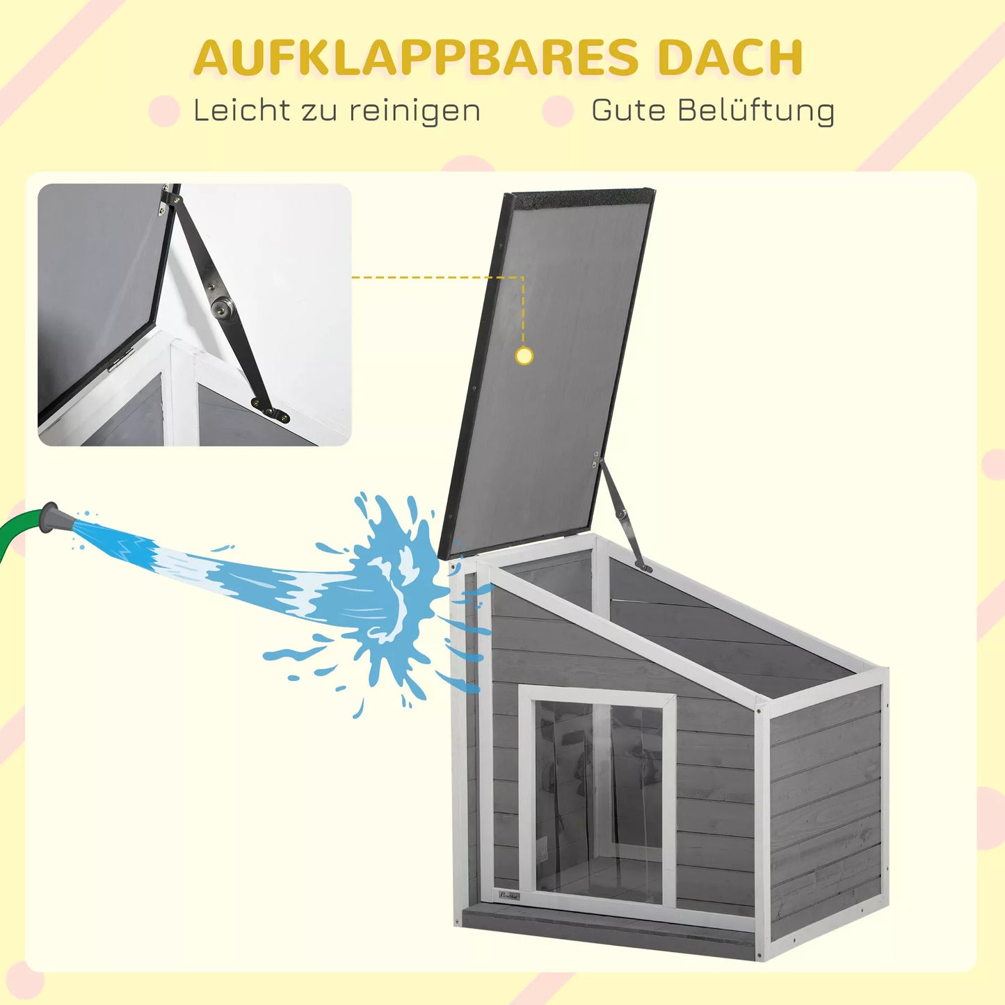 Suņu būda no masīvkoka, laikapstākļiem izturīga, ar asfalta jumtu, 71 cm x 58 cm x 77 cm, pelēka + balta