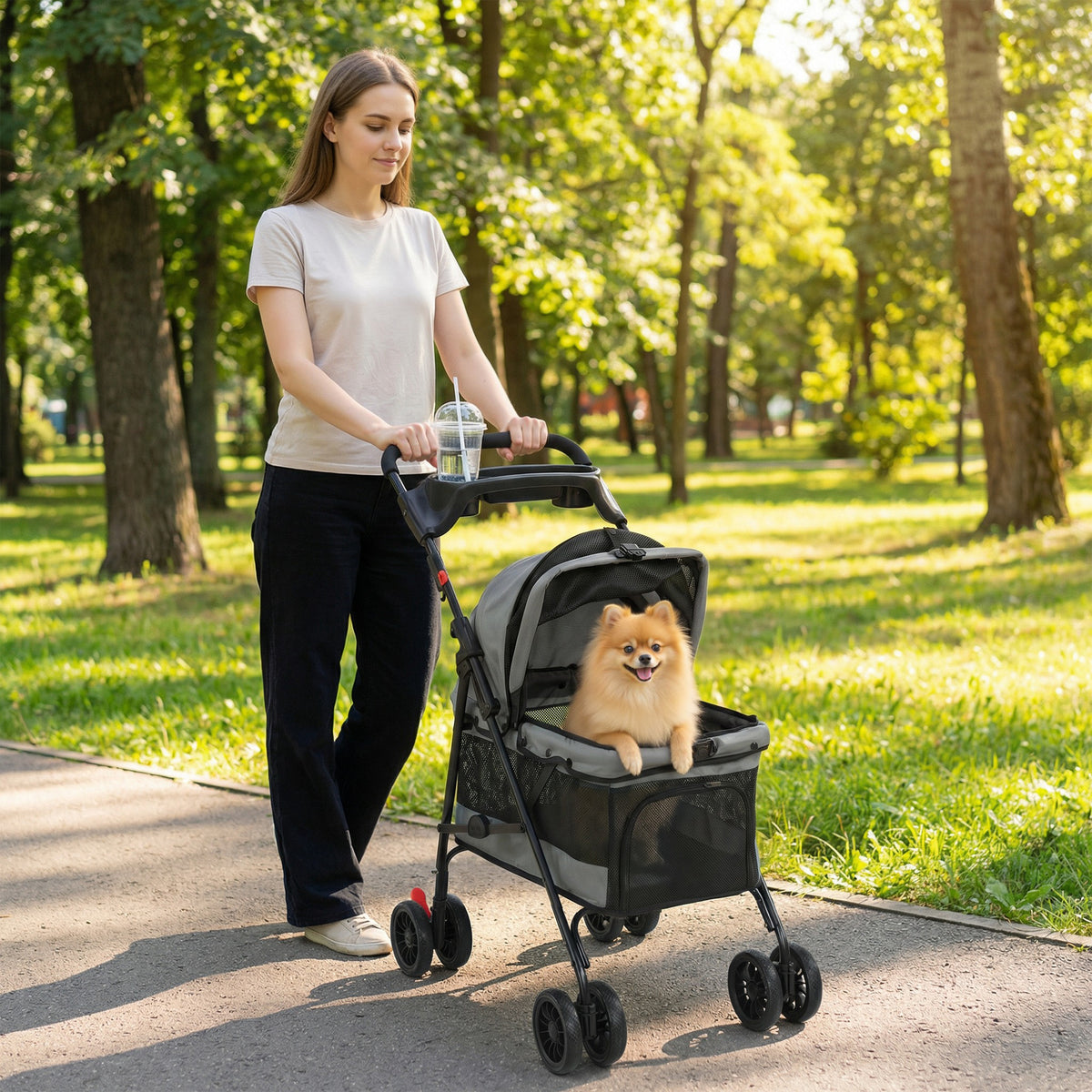 Vežimėlis šunims iki 10 kg, sulankstomas, su pagalvėle, tinkliniais langais ir puodelio laikikliu, pilkas