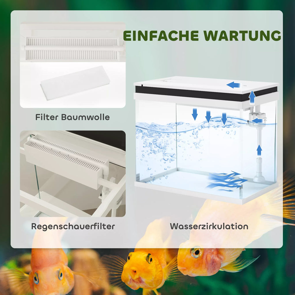 41 litrų stiklinis akvariumas su filtravimo sistema, LED apšvietimu, vandens siurbliu, įvairioms žuvų rūšims, baltas