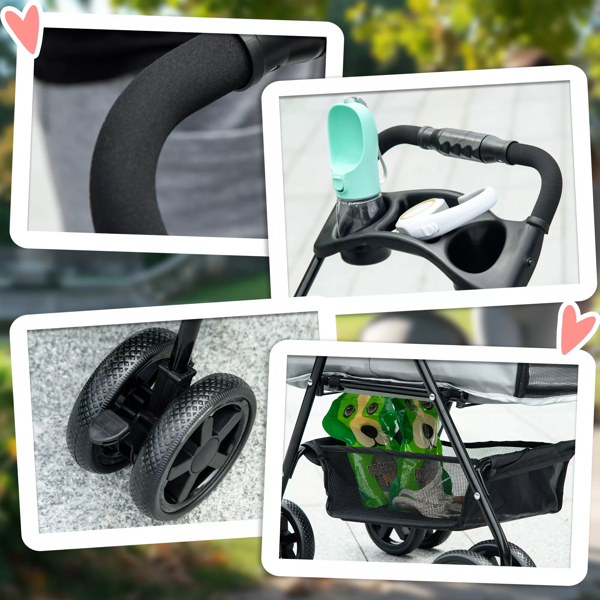 Suņu ratiņi līdz 4 kg, saliekami, ar sieta logu, apakšējo grozu, krūzīšu turētāju, noņemamu jumtiņu, pelēki, 67 x 45 x 96 cm