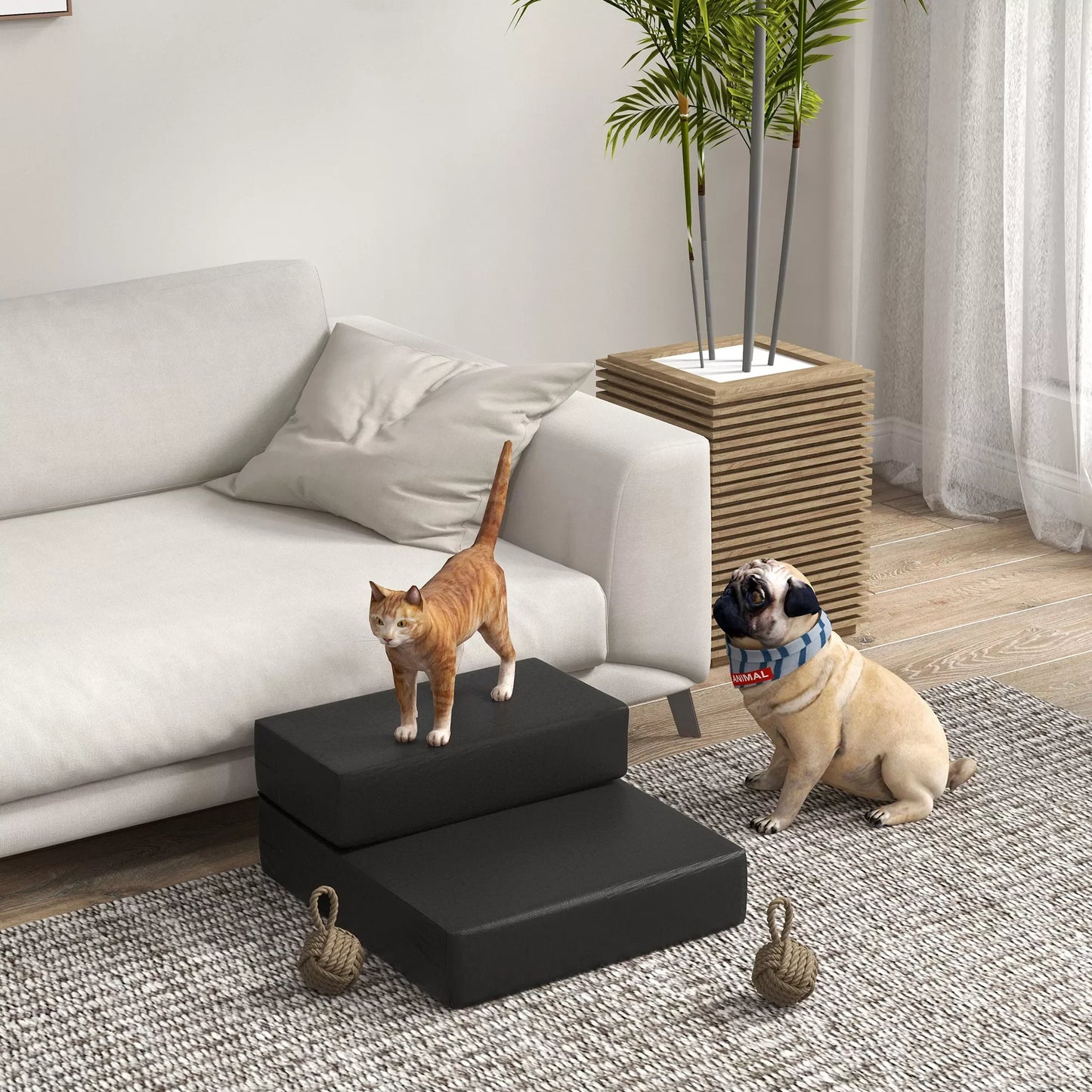 Mājdzīvnieku kāpnes, 2 pakāpieni, salokāmas, suņu kāpnes, pamatne kaķiem un suņiem, melnas, garums 45 x platums 39 x augstums 20 cm