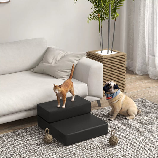 Mājdzīvnieku kāpnes, 2 pakāpieni, salokāmas, suņu kāpnes, pamatne kaķiem un suņiem, melnas, garums 45 x platums 39 x augstums 20 cm