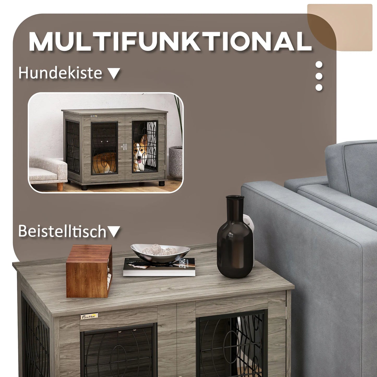 Šunų dėžė su miego pagalvėle, iki 20kg/50cm kūno ilgio, metalinė, 80x56x63cm, pilka/medžio raštas