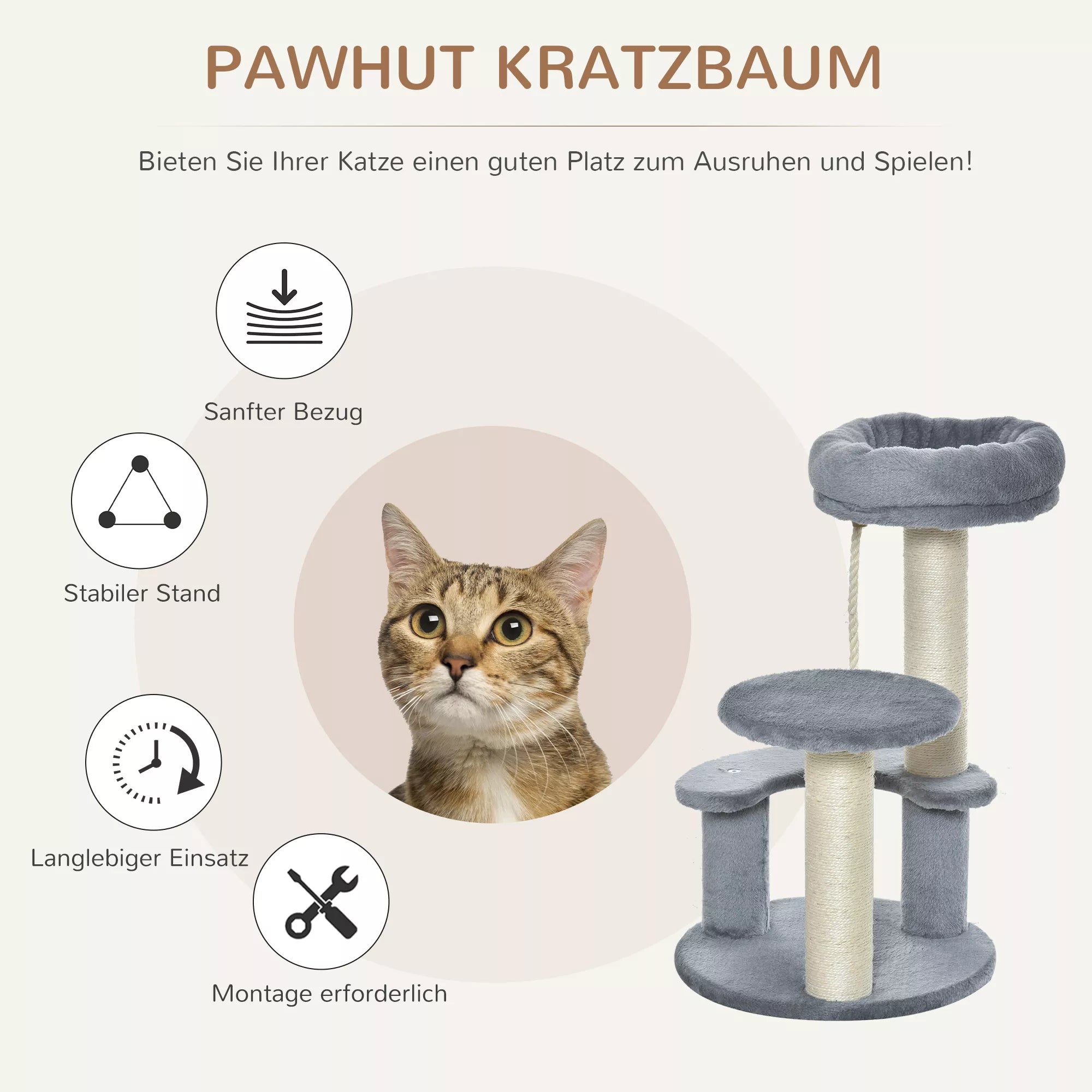 Kaķu māja ar šūpuļtīklu, 3 līmeņu rotaļu māja ar kaķu gultu, kaķu skrāpējamā platforma ar sēdvietu, sizala stabi, pelēka Ø40 x A65 cm