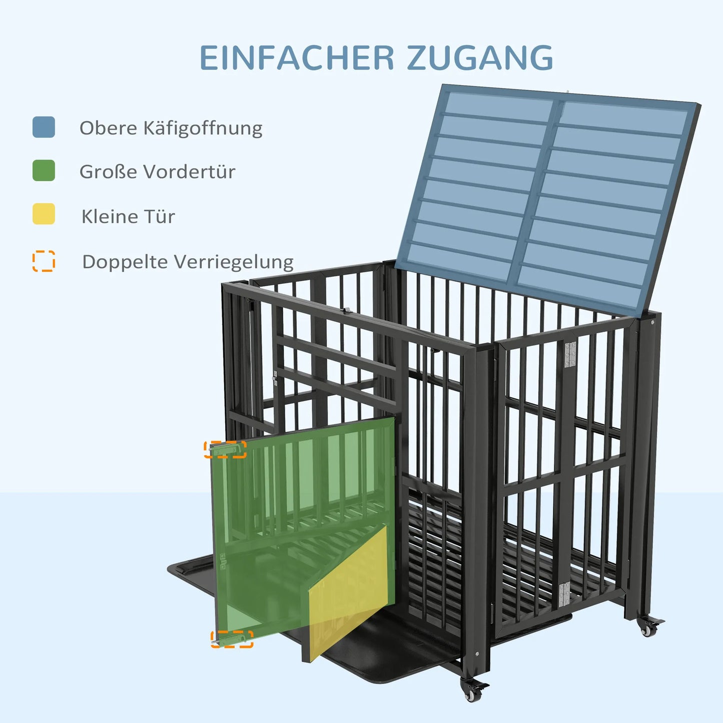 Suņu transportēšanas kaste/būris, ar apakšējo paplāti, slēdzeni, universāliem ritentiņiem, 94 cm x 58 cm x 78 cm, melns